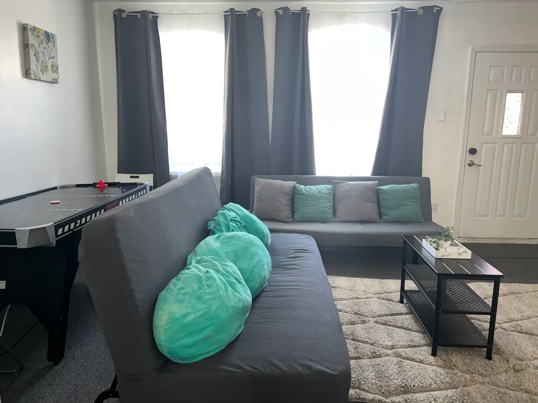 A living room with a pool table, a sofa with cushions, a small table with a plant, and a door.