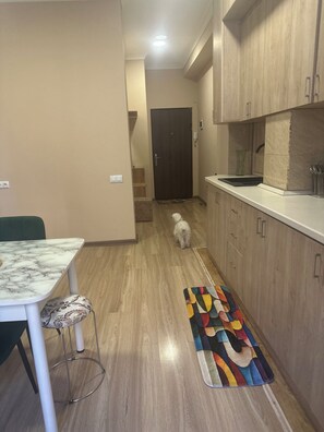 Una cocina con piso de madera, una mesa de comedor con una silla y un tapete colorido.