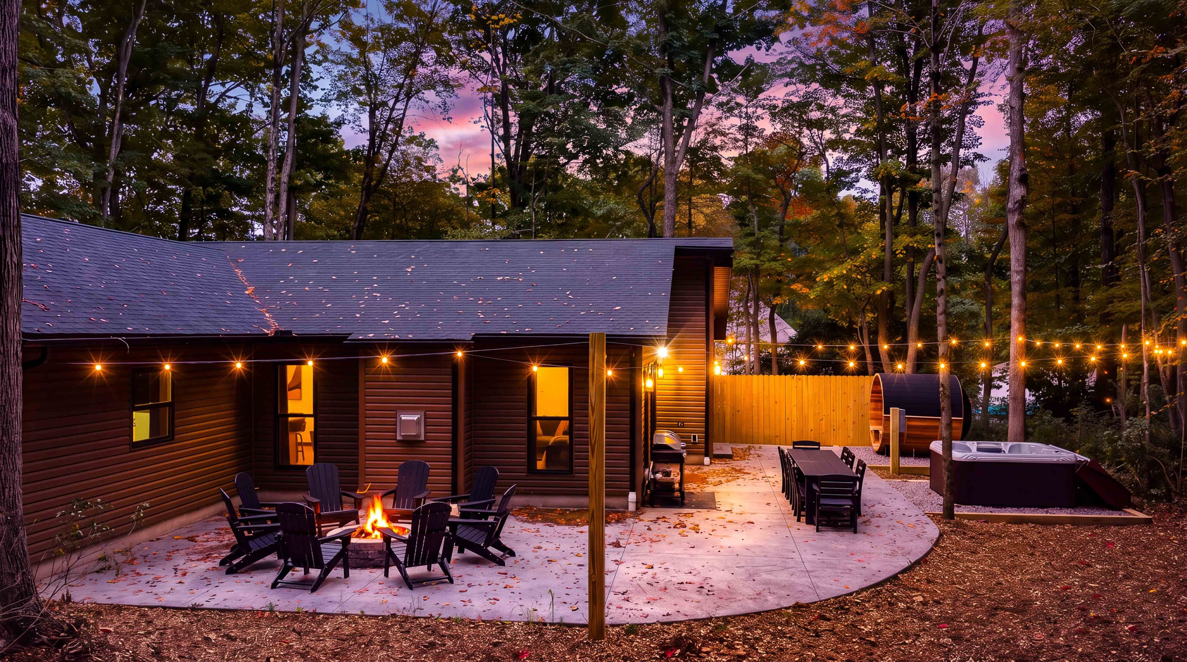 A wooden cabin with a fire pit and chairs, surrounded by trees and string lights.