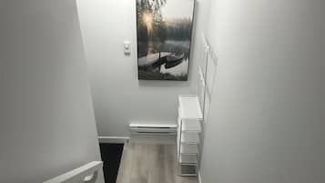 A narrow hallway with a wooden floor, a black mat at the entrance, a white radiator, and a wall-mounted picture of a lake scene.