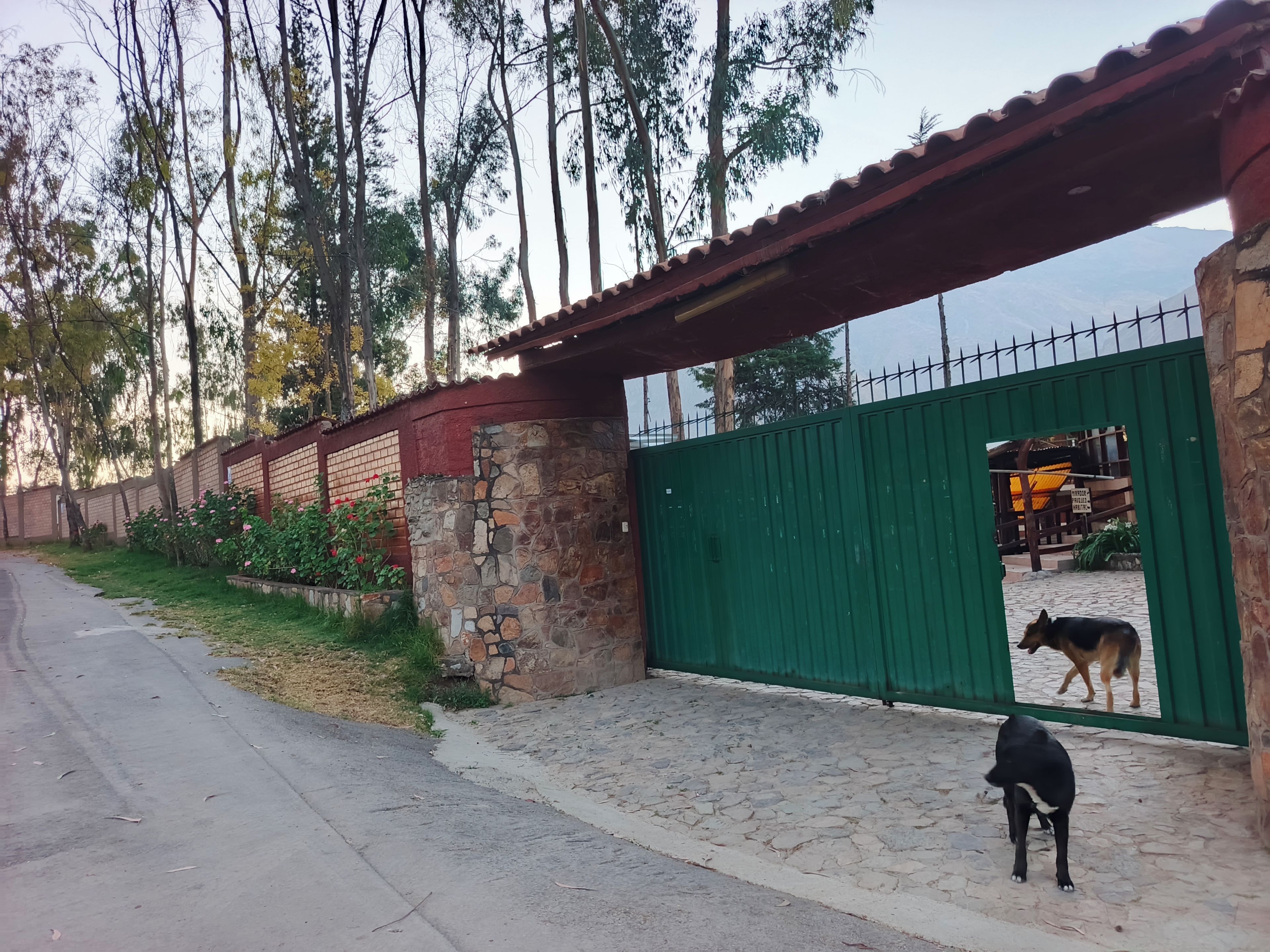 Uma trilha pavimentada leva a um portão fechado, com um muro de pedra e um portão de metal verde.