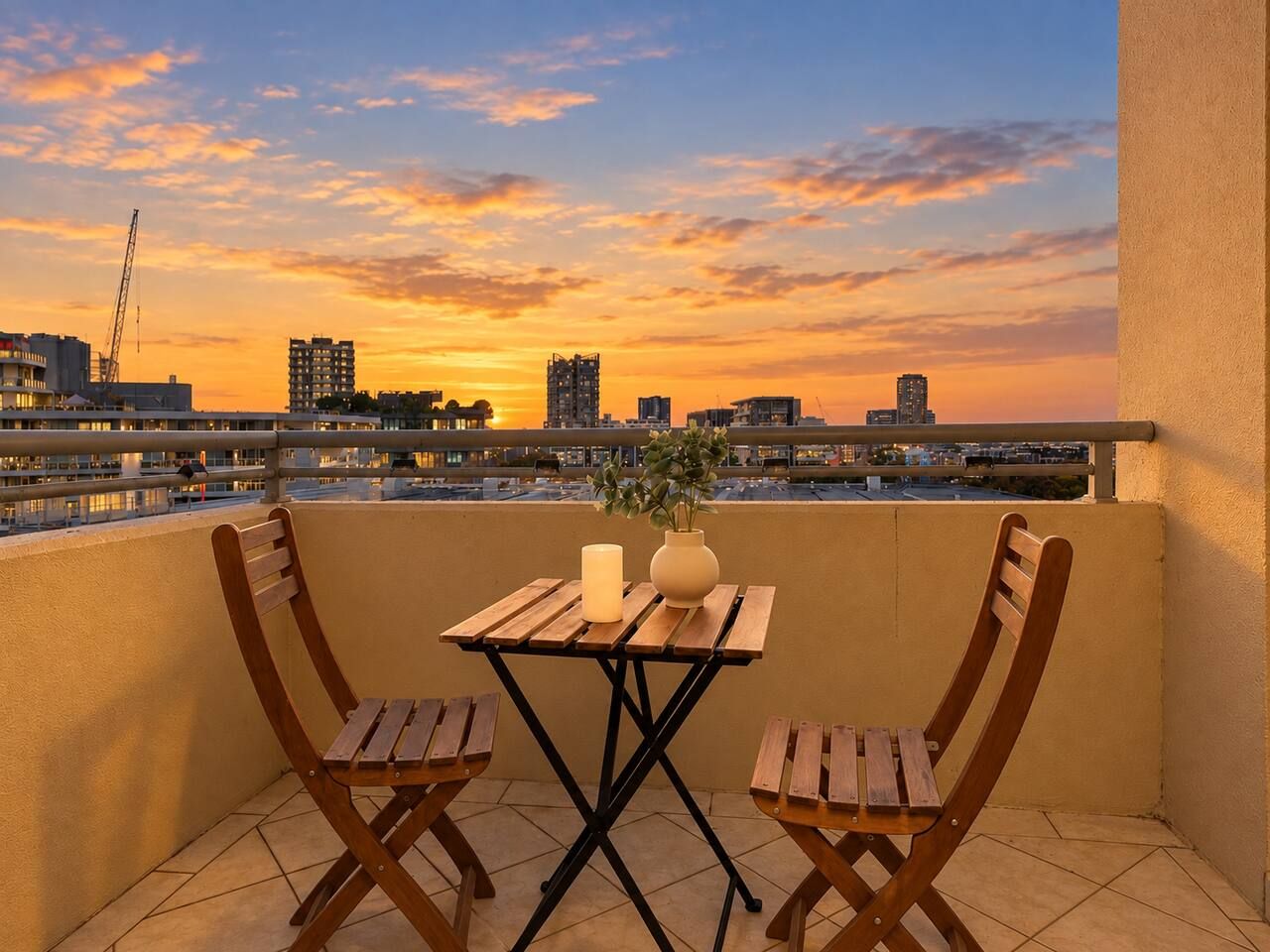 An outdoor balcony with a wooden table and chairs, a candle, and a vase with plants.