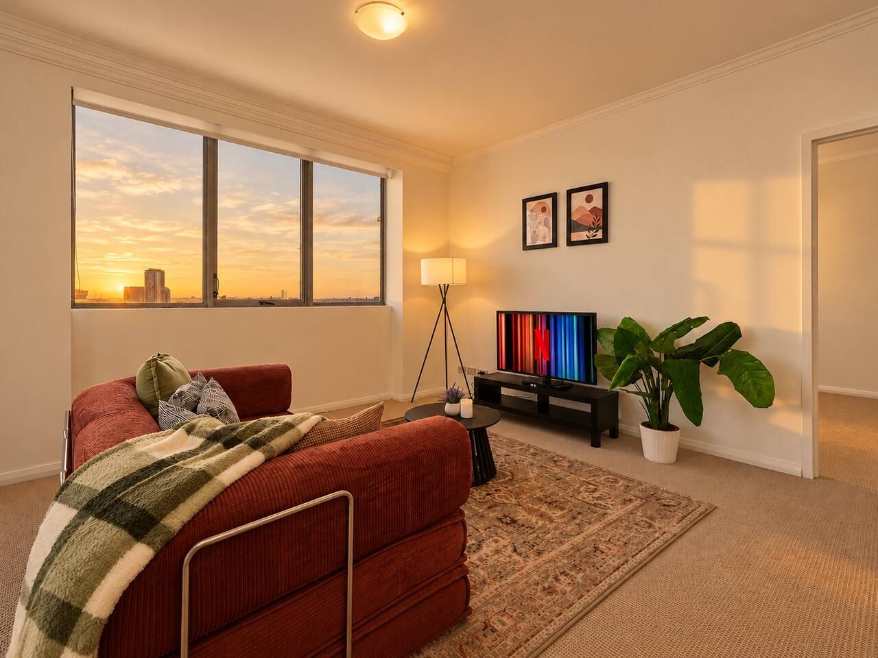 A modern living room with a sofa, a television, a plant, and a large window with a city view.