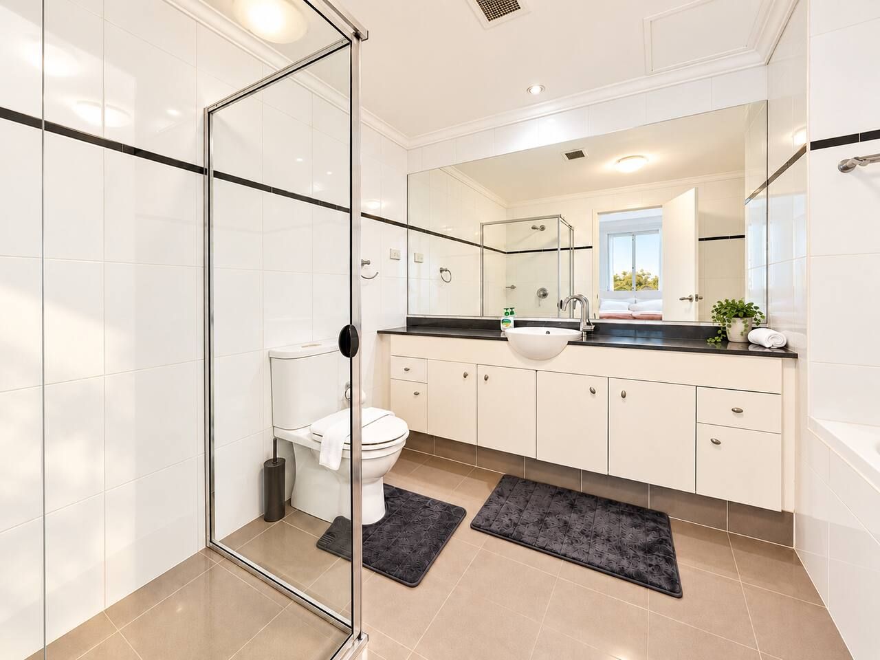 A modern bathroom with a glass shower enclosure, a toilet, a sink, and a mirror.