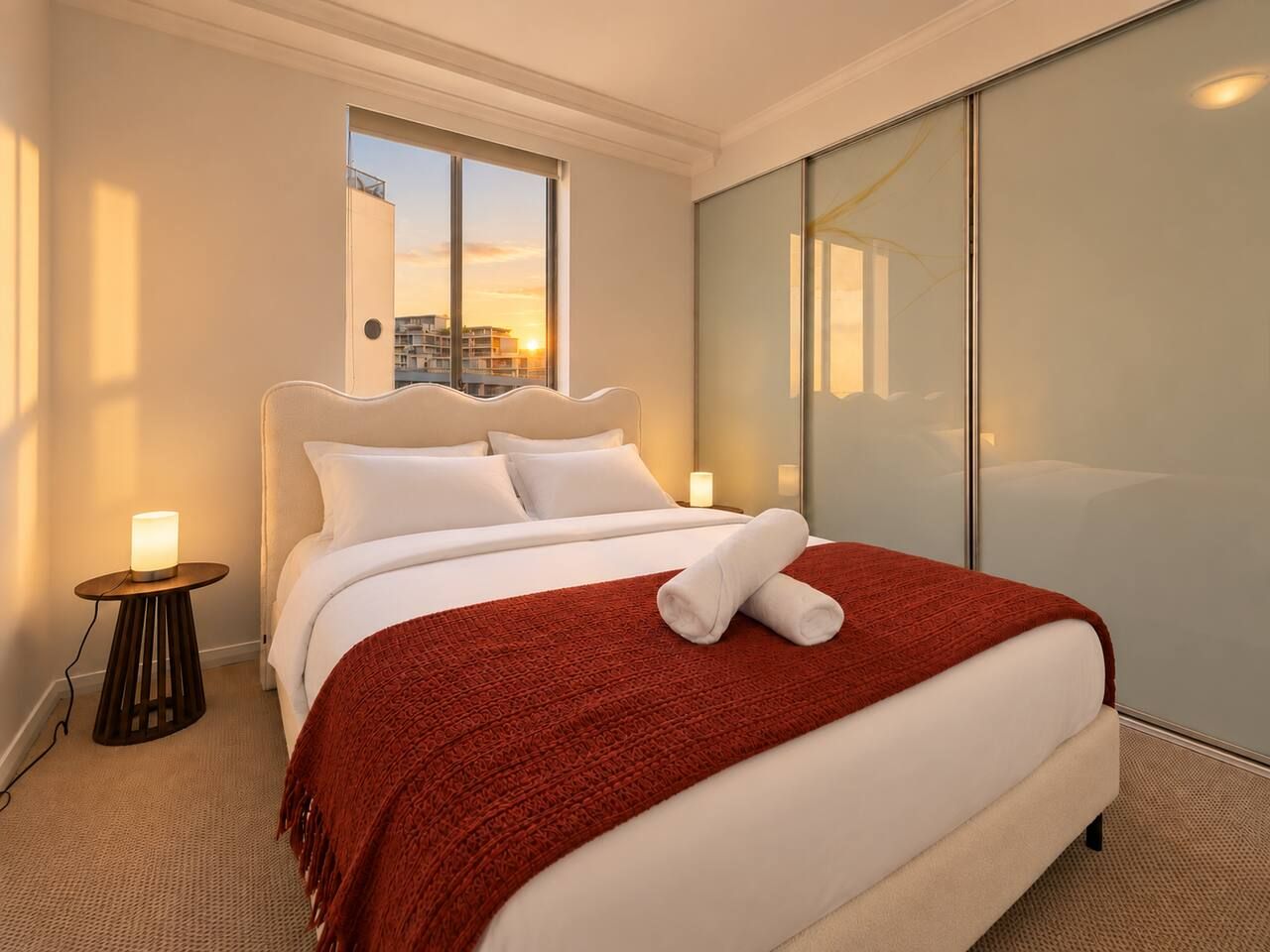 A hotel room with a large bed, a view of the city through a window, and a sliding door.