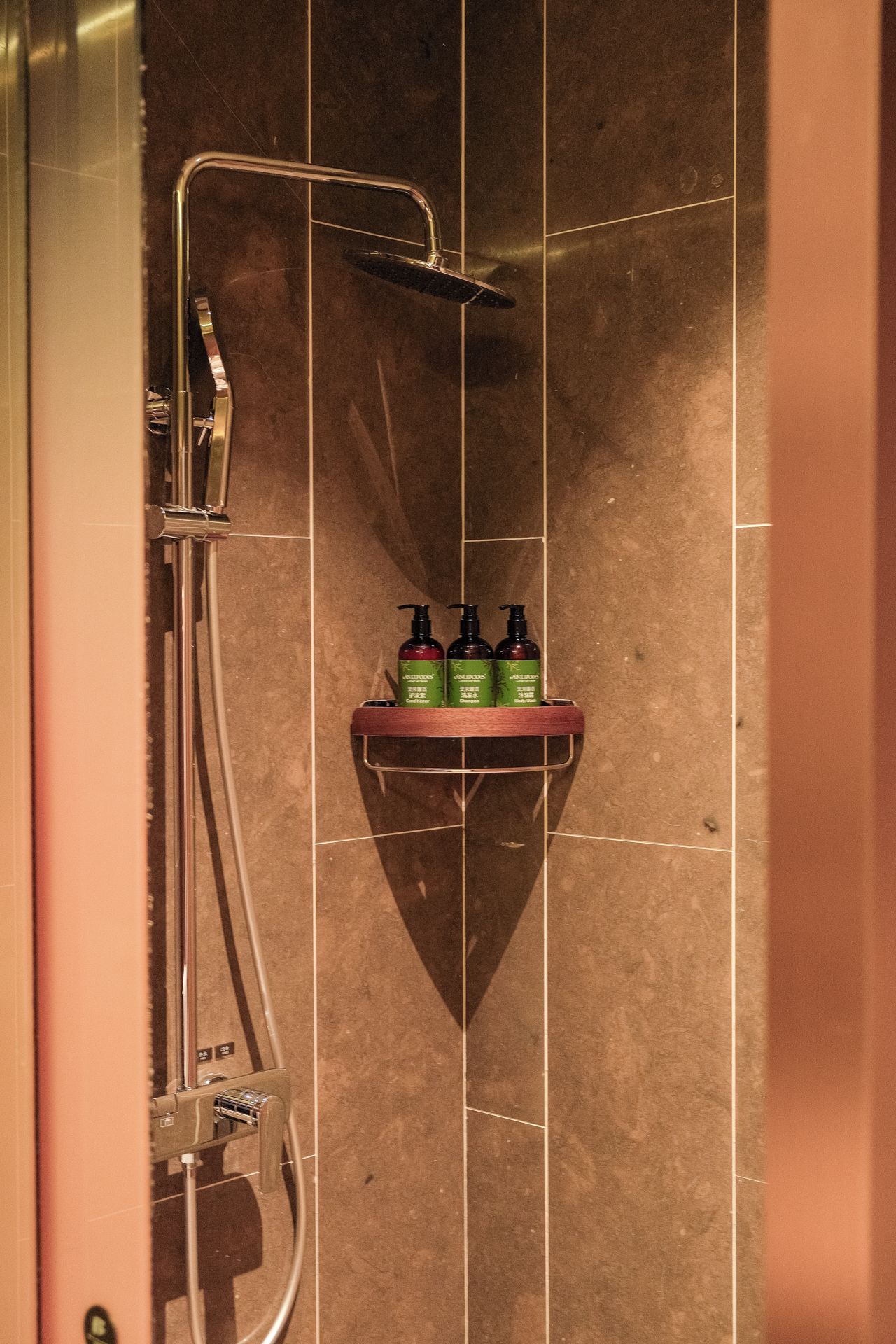 Un baño con ducha, un perchero y un estante con tres botellas.