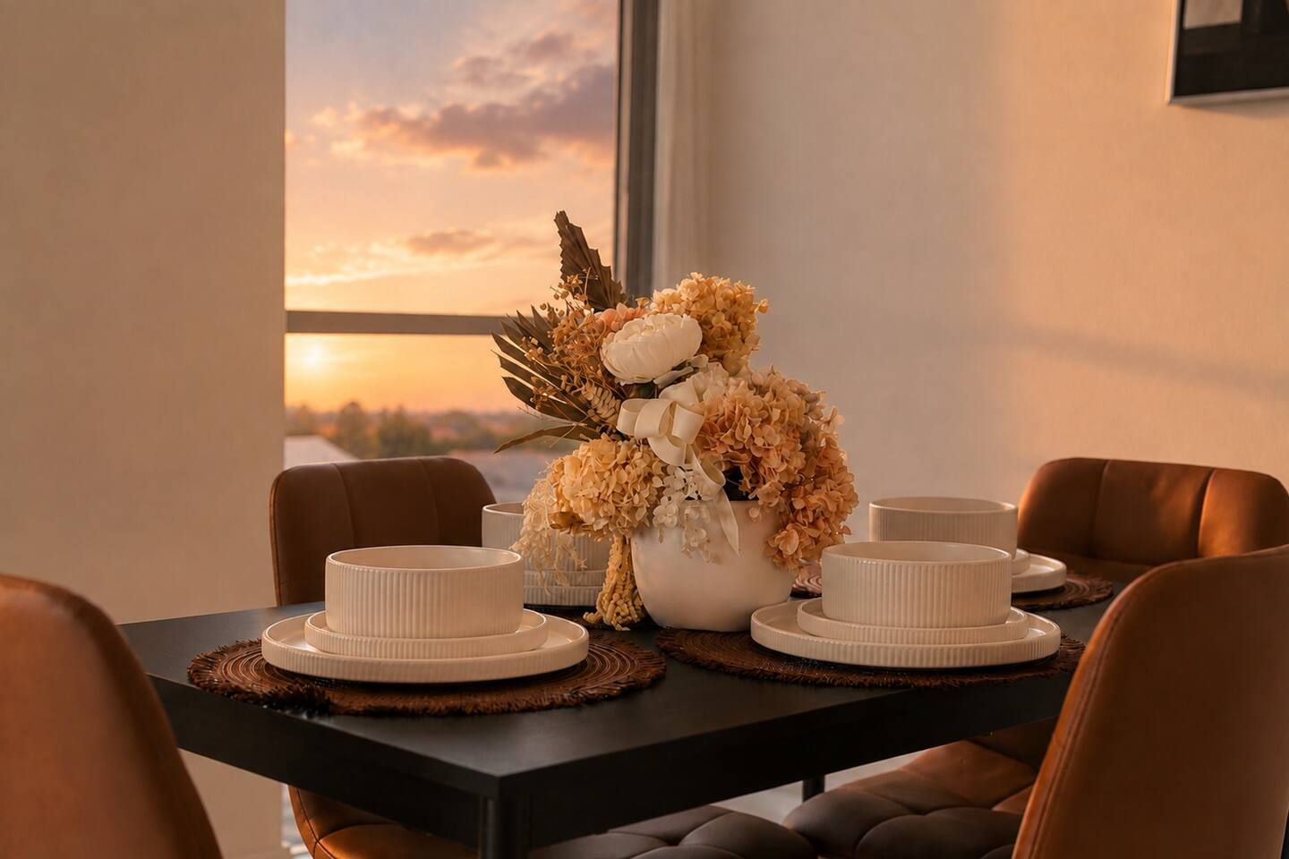 A dining table set with white plates and bowls, a centerpiece of dried flowers and greenery, and a view of the sunset through a window.