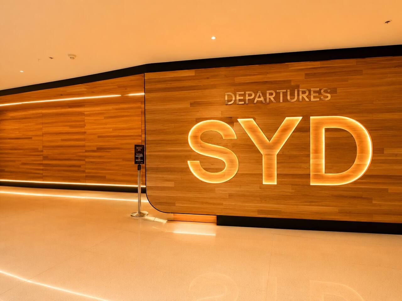Eine glatte Holzwand mit leuchtendem 'DEPARTURES SYD'-Schild.