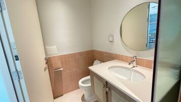 A bathroom with a toilet, sink, and mirror.
