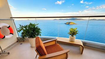 Varanda com vista para o mar, uma cadeira, duas plantas em vasos e um flutuador.