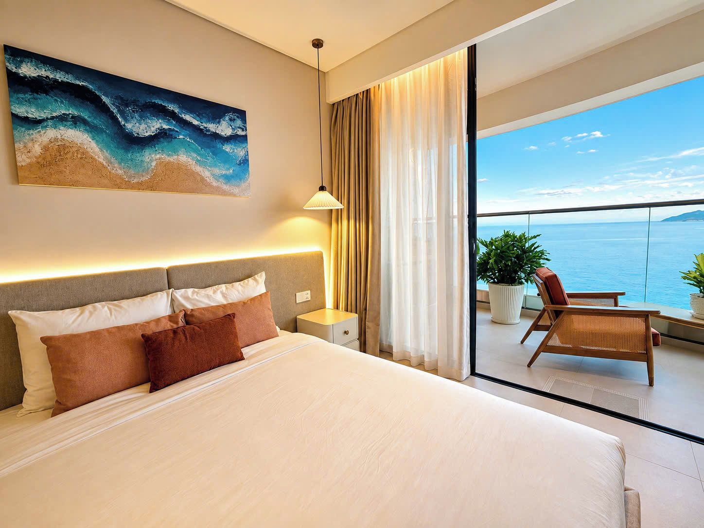 Habitación de hotel con una cama grande, una mesita de noche, una lámpara, un cuadro con una escena de playa y un balcón con vistas al mar.