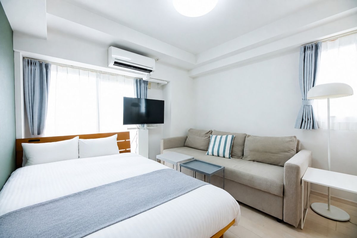 A hotel room with a bed, a sofa, a TV, and an air conditioning unit.