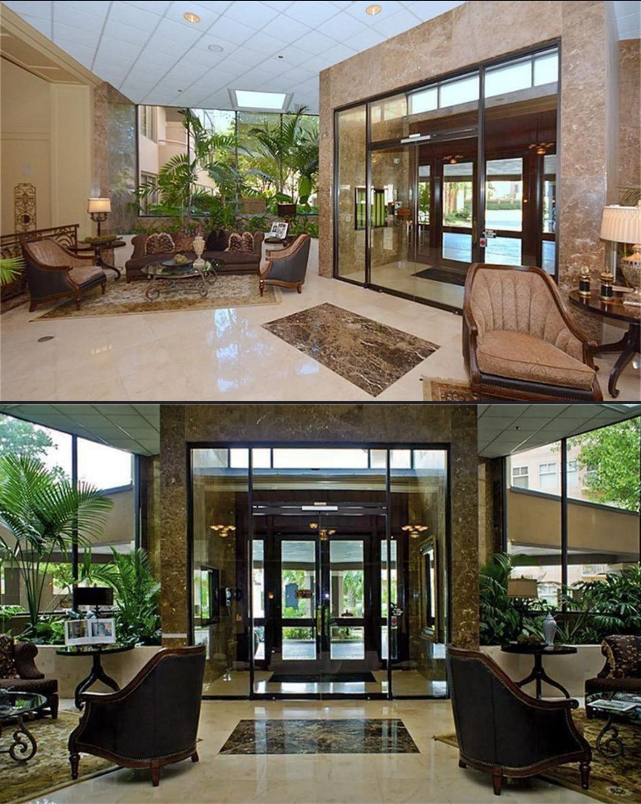 A lobby with a reception desk, seating area, and a glass entrance.
