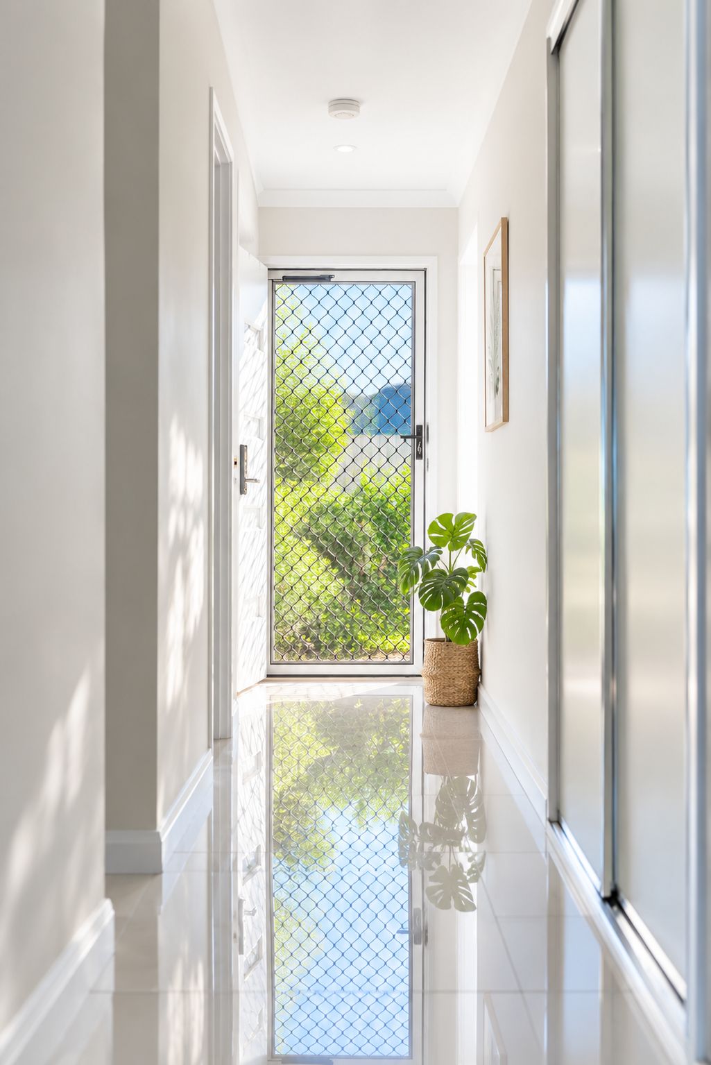 A hallway with a glass door leading to a balcony, a potted plant, and a framed picture on the wall.