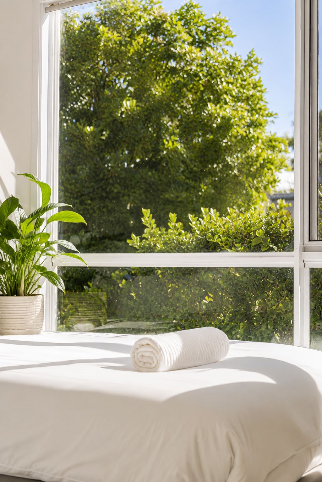 Une fenêtre donnant sur un arbre et une plante en pot, avec un lit sur lequel est posée une serviette enroulée.
