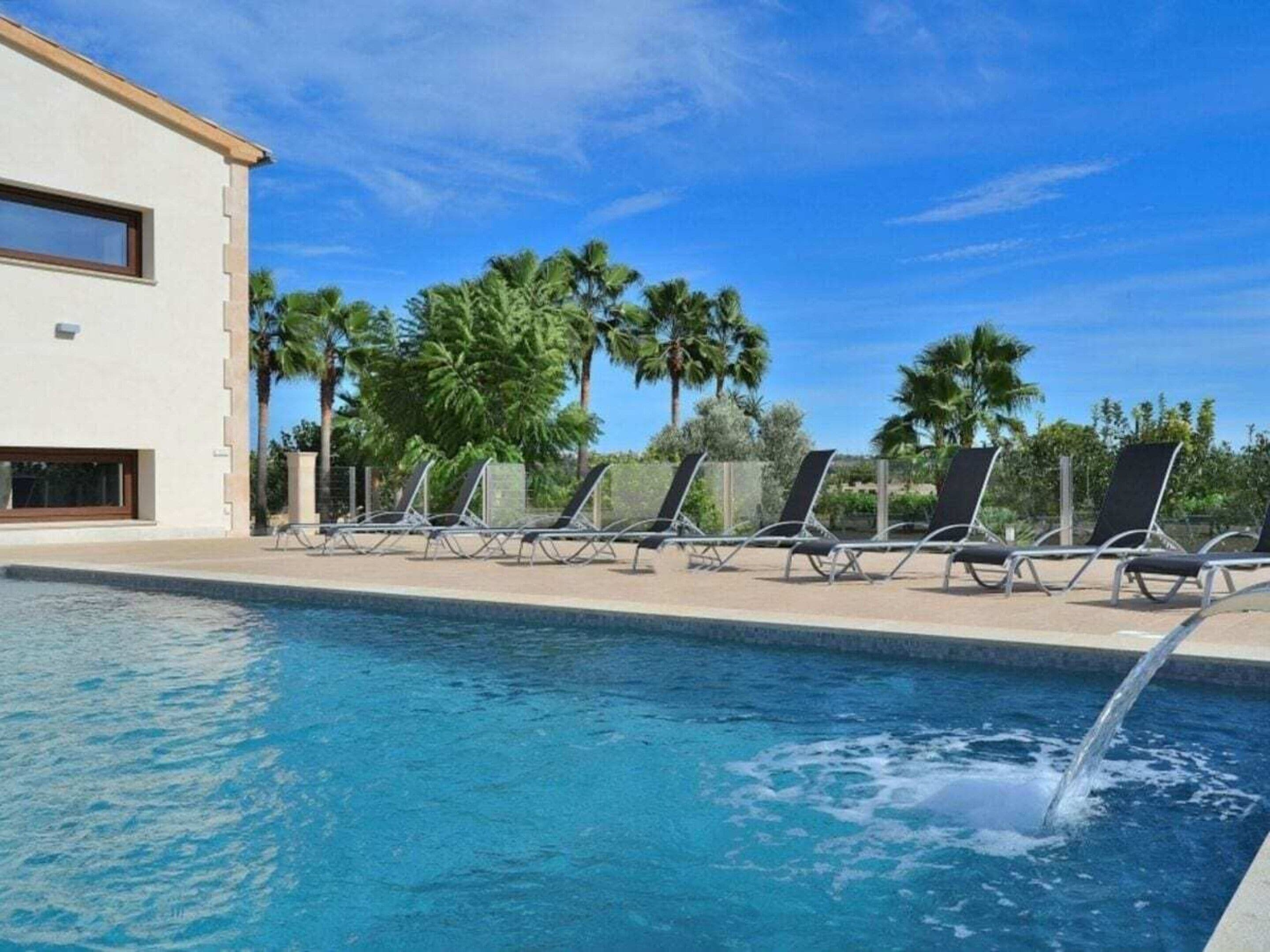 A swimming pool with lounge chairs and palm trees in the background.