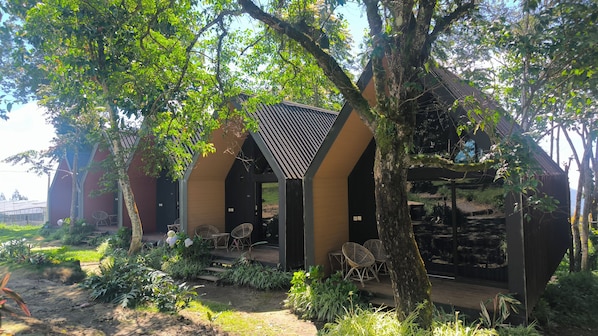 A modern building with a covered outdoor seating area surrounded by lush greenery.
