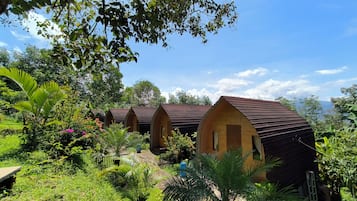 Une rangée de cabanes aux toits incurvés et à l’architecture unique, entourées d’une végétation luxuriante et surplombées par un ciel bleu azur.