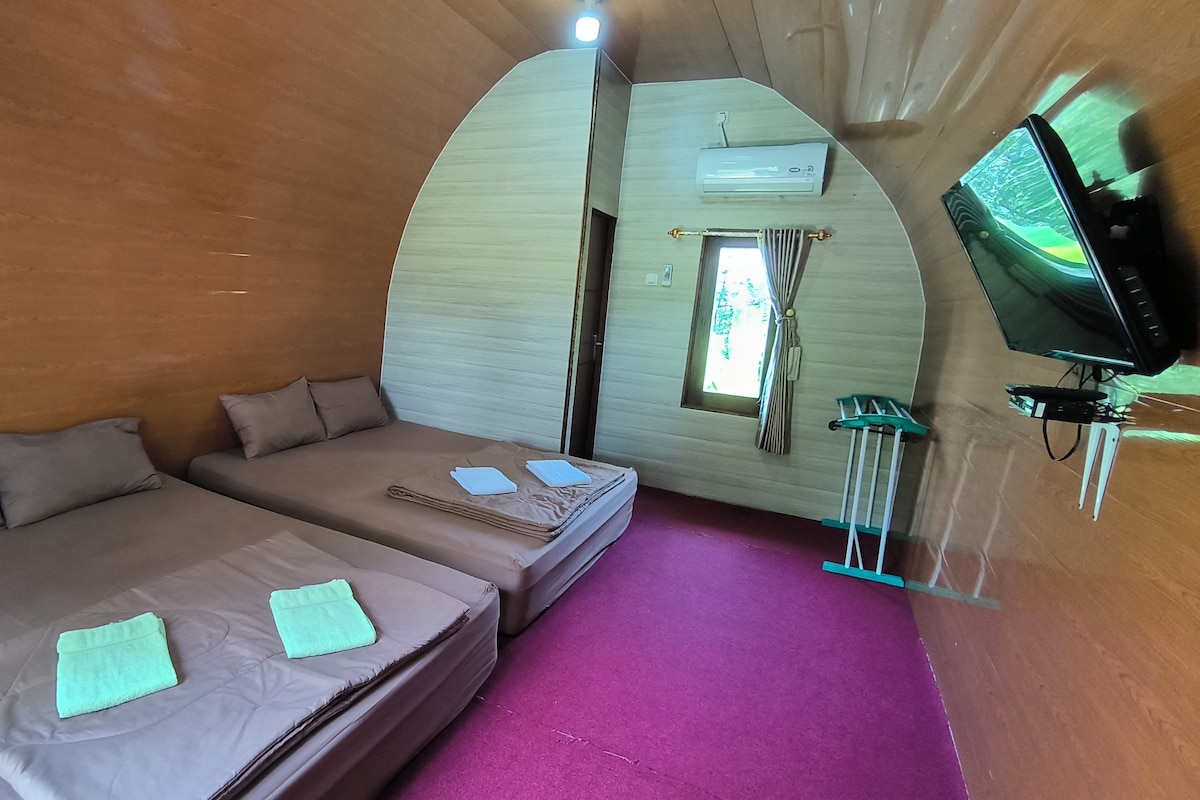 Habitación pequeña con dos camas, televisión y ventana.
