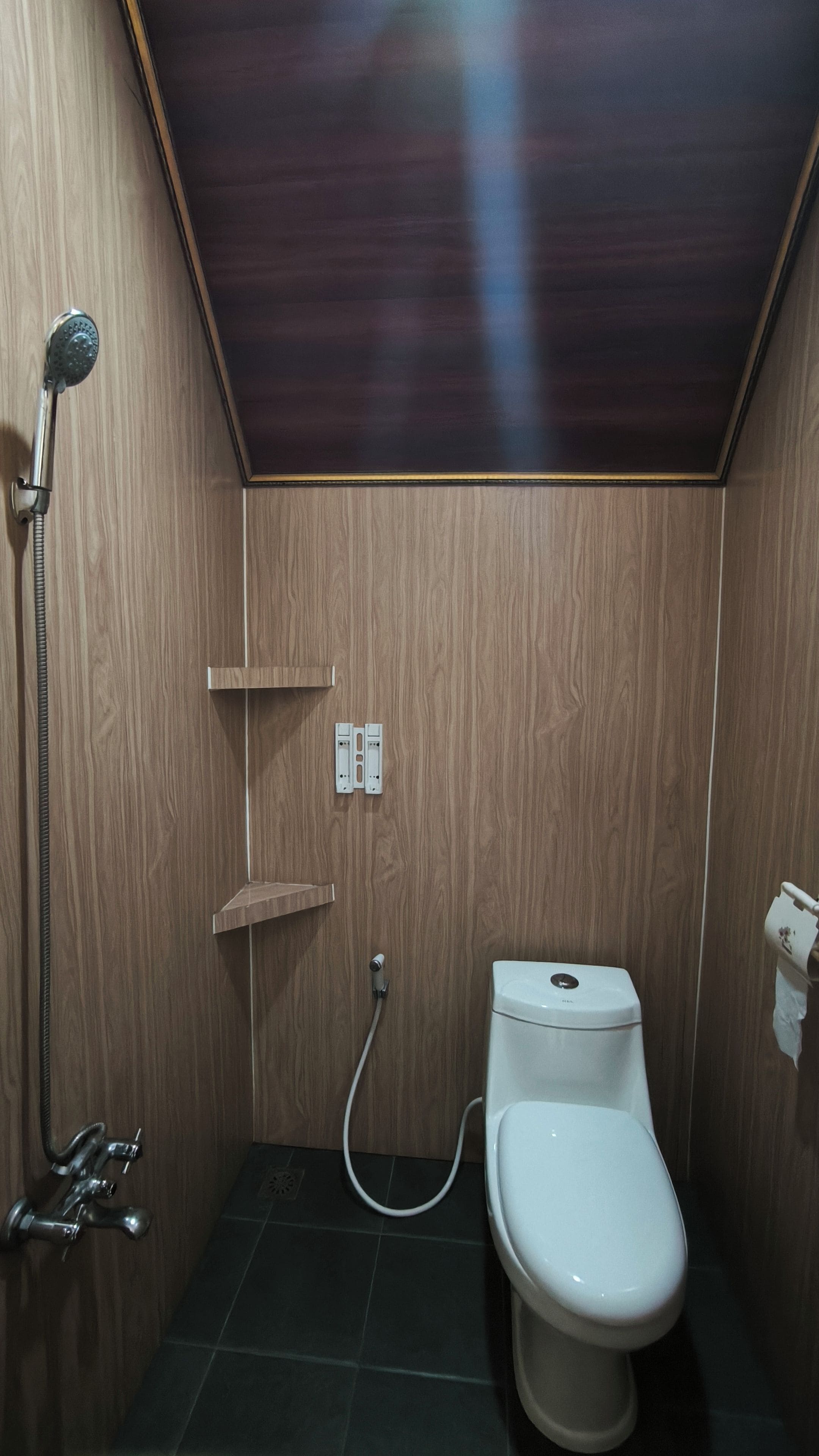 A small, compact bathroom with a wooden wall, a toilet, a shower, and a sink.