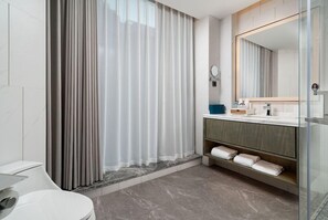 Un bany modern amb plat de dutxa de vidre, un lavabo amb mirall i un vàter.