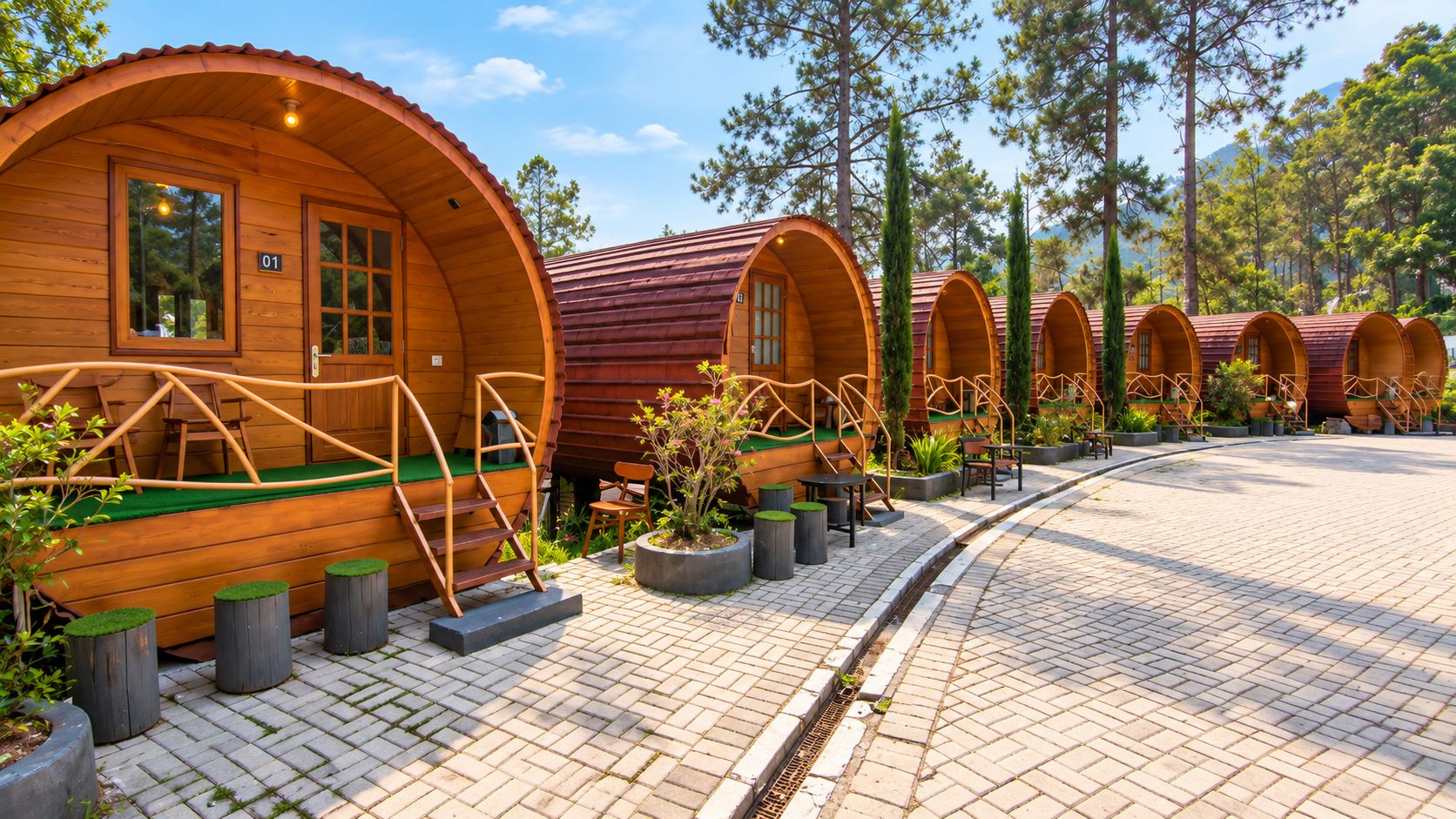 Una hilera de alojamientos tipo cápsula de madera, con escaleras exteriores y zonas de estar al aire libre.