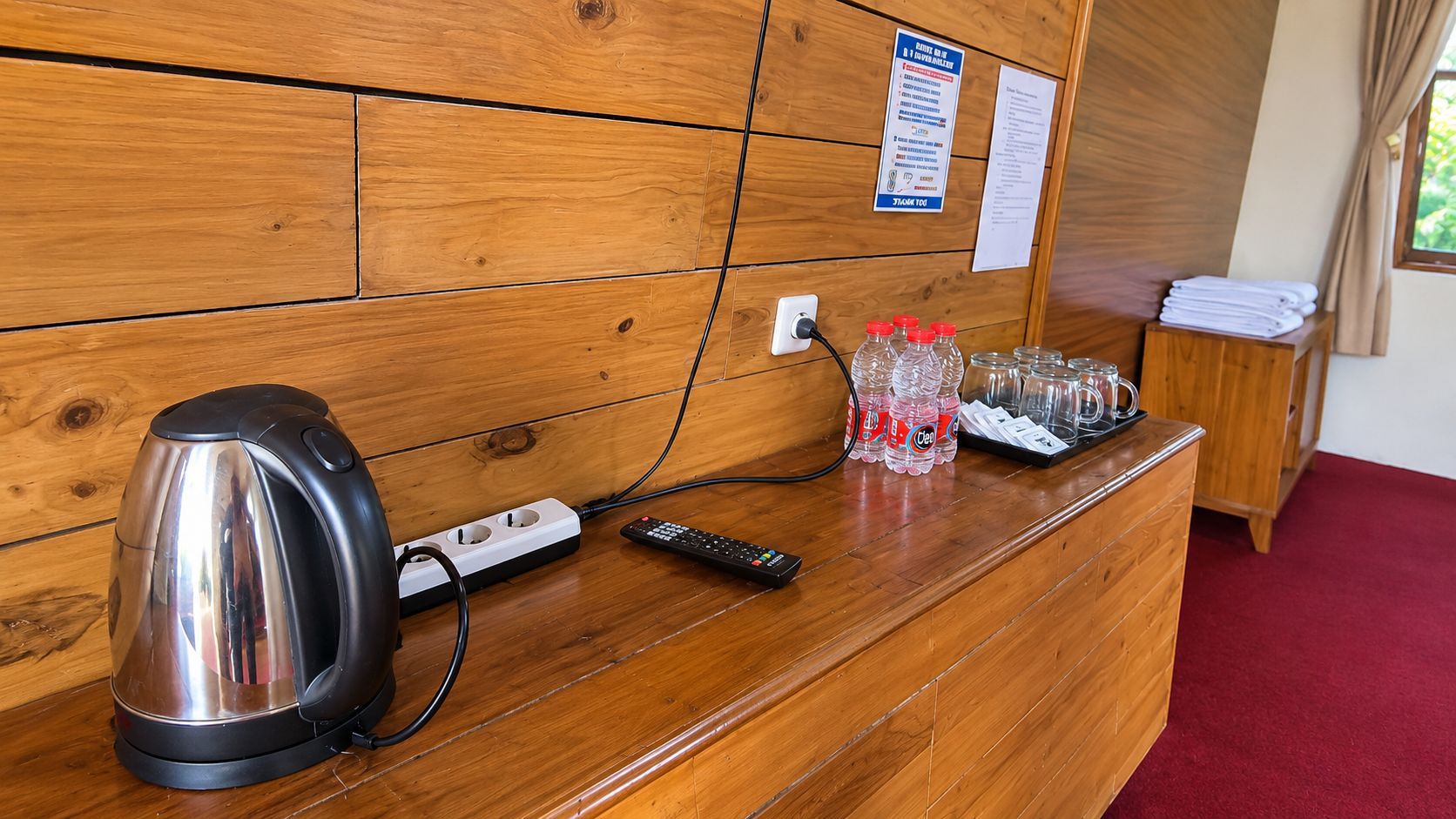 Un mostrador de recepción de madera con una tetera, un control remoto y agua embotellada.