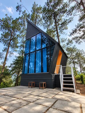 Una cabaña moderna con ventanas amplias, una escalera y vistas al bosque circundante.