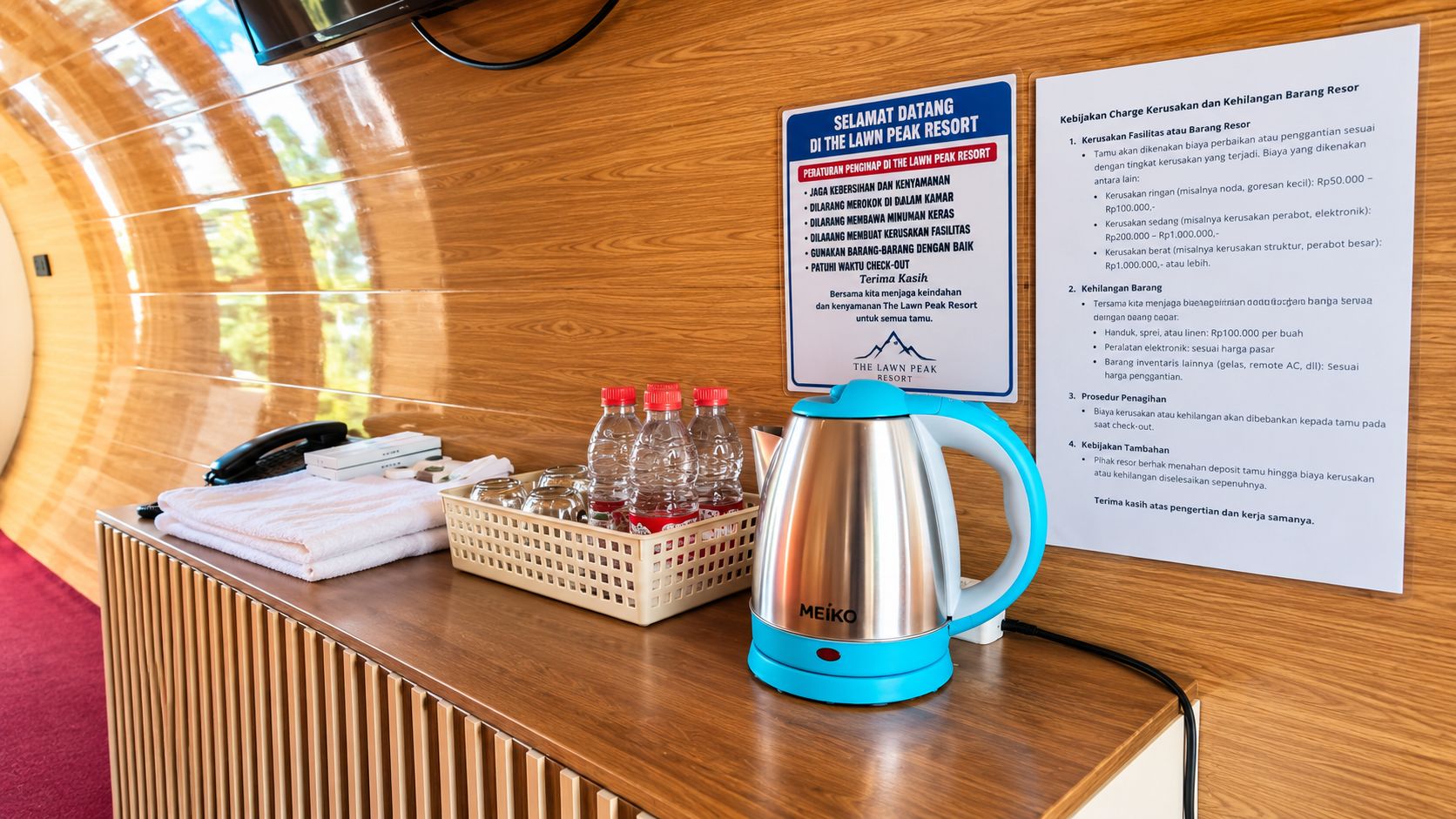 A reception desk with a kettle, bottled water, and a check-out sign.