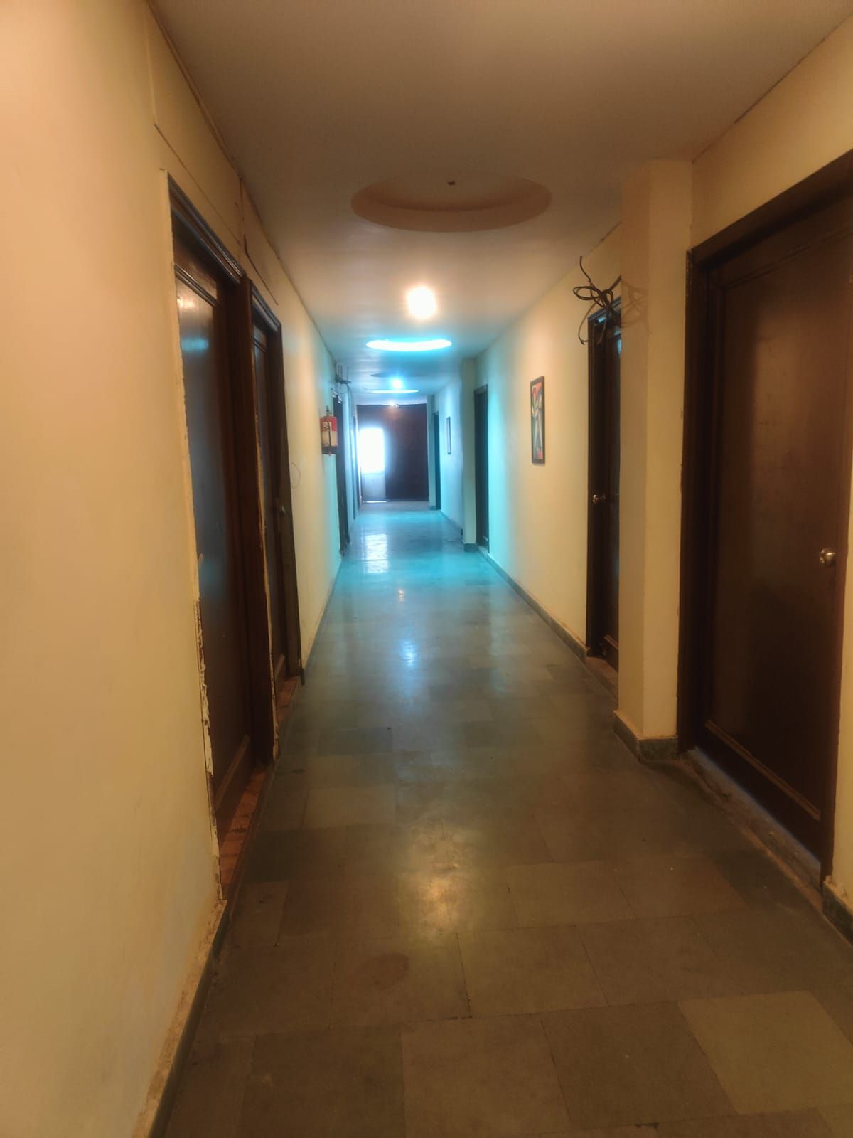 A corridor with doors on both sides, a ceiling light, and a door at the end.
