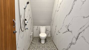 A bathroom with a toilet, shower, and a patterned floor.