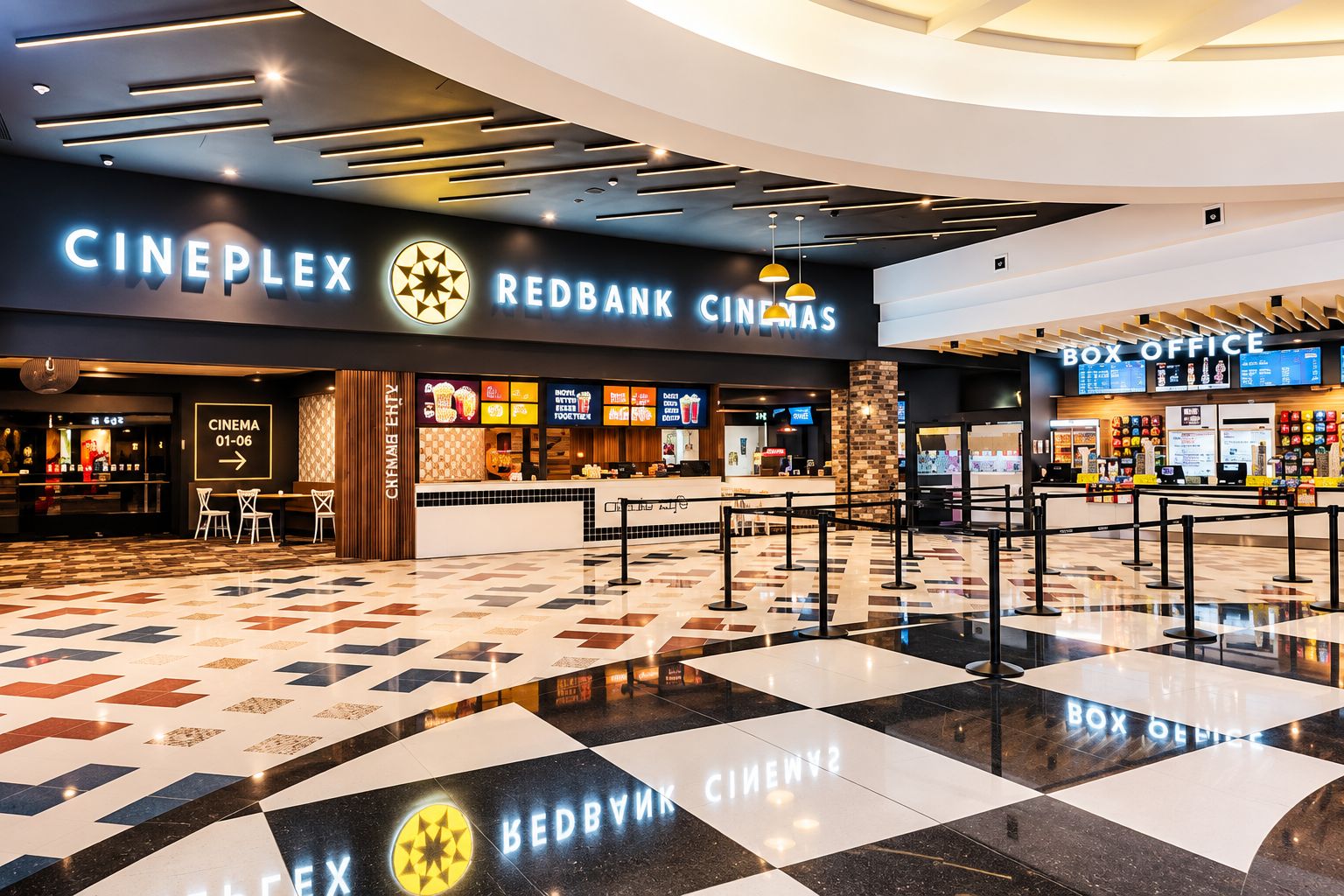 A Cineplex with a Redbank logo, a Box Office, and a seating area with a checkered floor pattern.