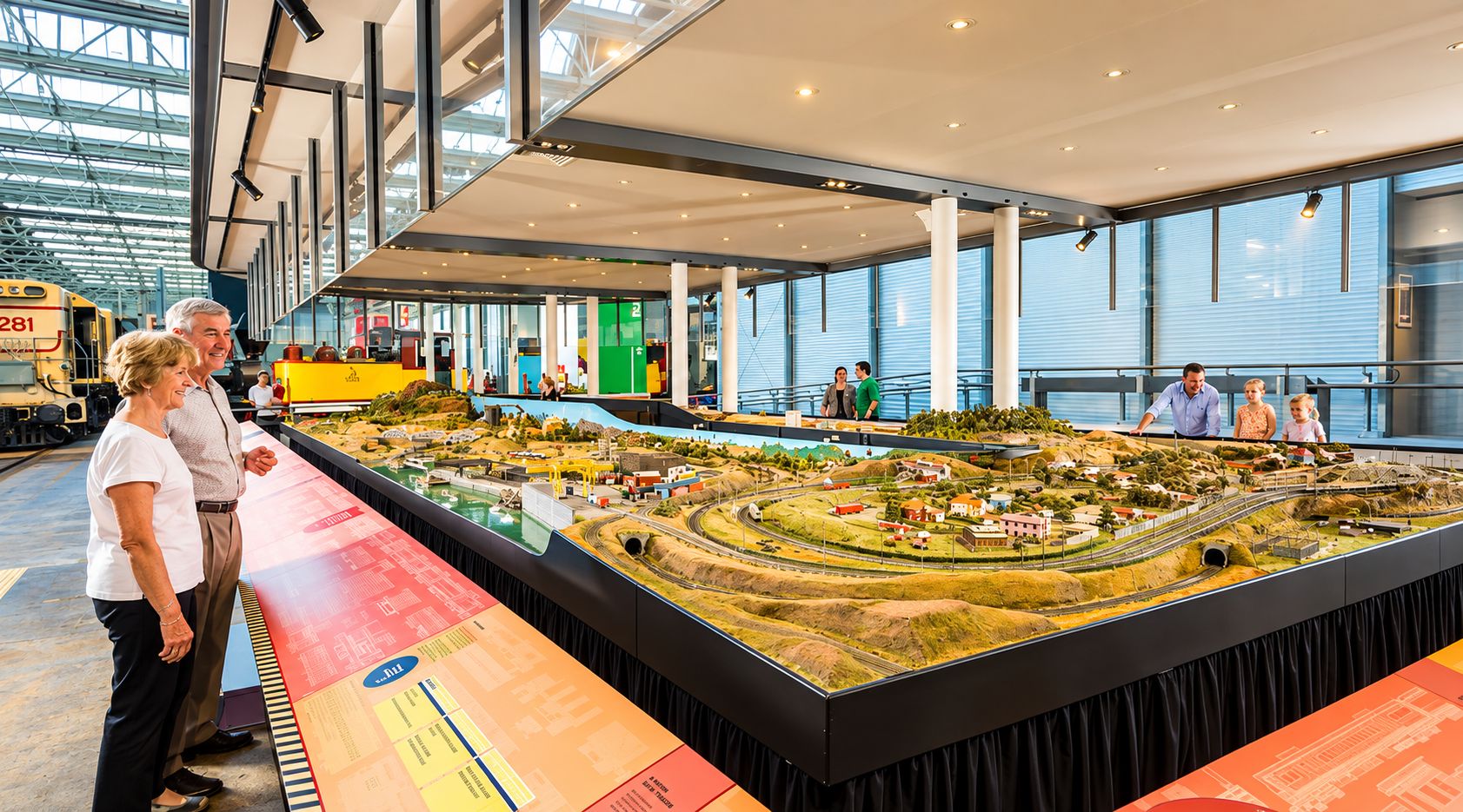 Una exhibición de trenes modelo con un diseño detallado, que incluye vías, edificios y paisajes.