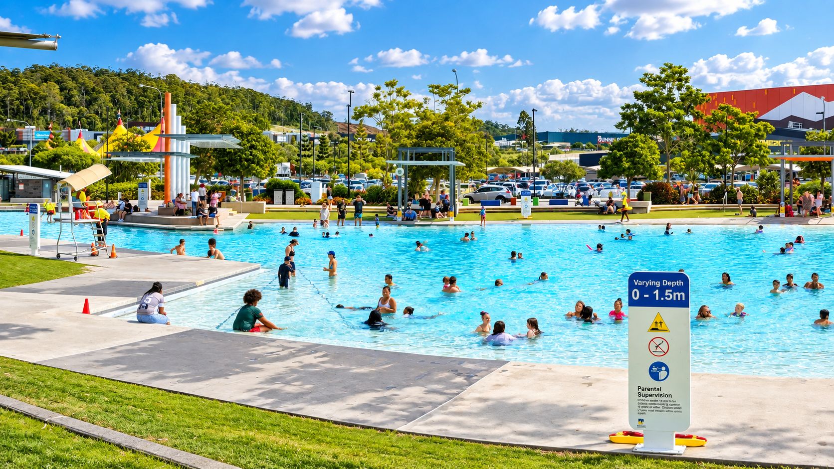 A public swimming pool with varying depth, surrounded by a parking area and a grassy area.