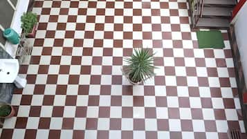 Un suelo a cuadros con plantas en macetas y una escalera.
