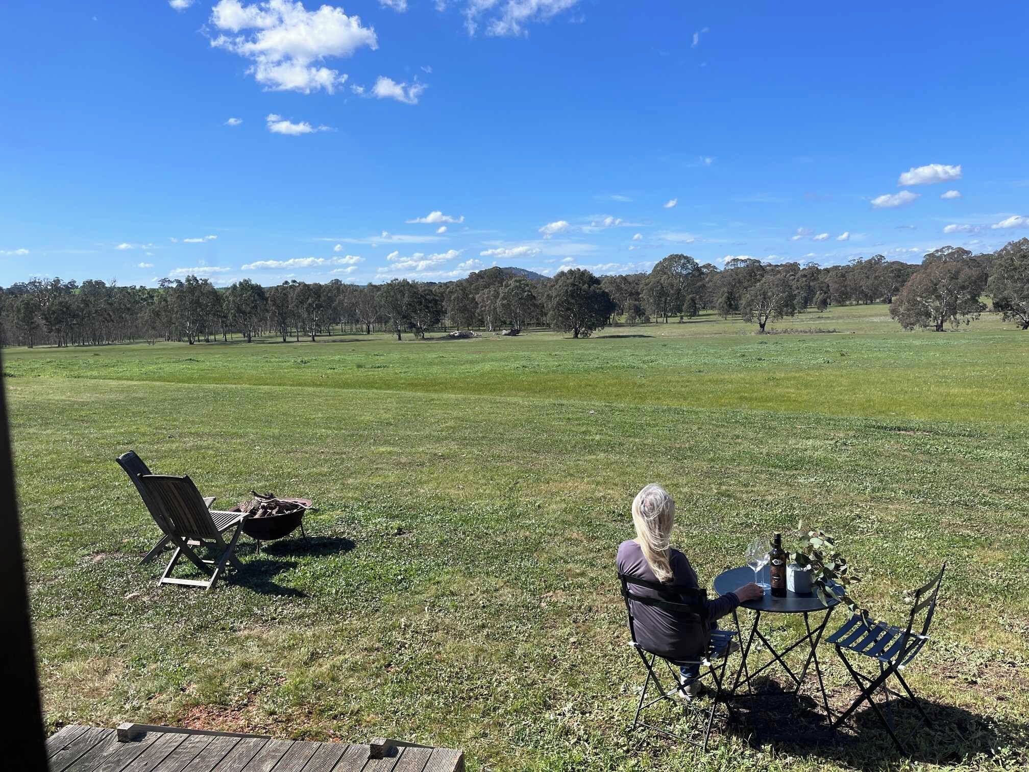 An outdoor seating area with a table and chairs, a grill, and a view of a grassy field with trees.