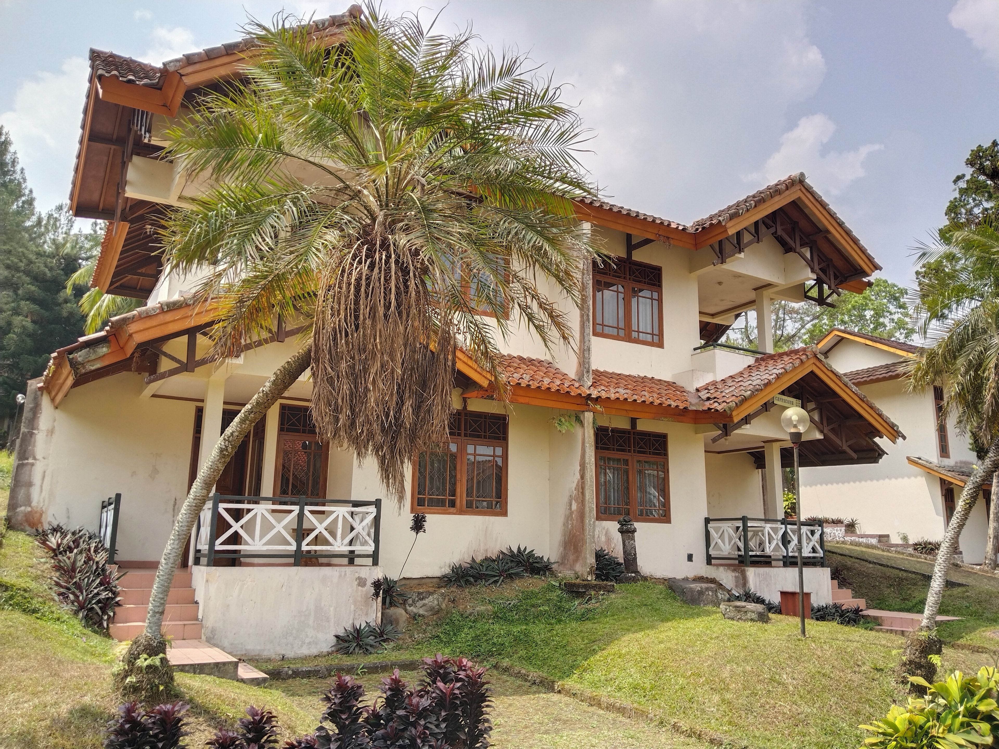 A multi-story house with a sloped roof, a staircase leading to the entrance, and a well-maintained garden with various plants.
