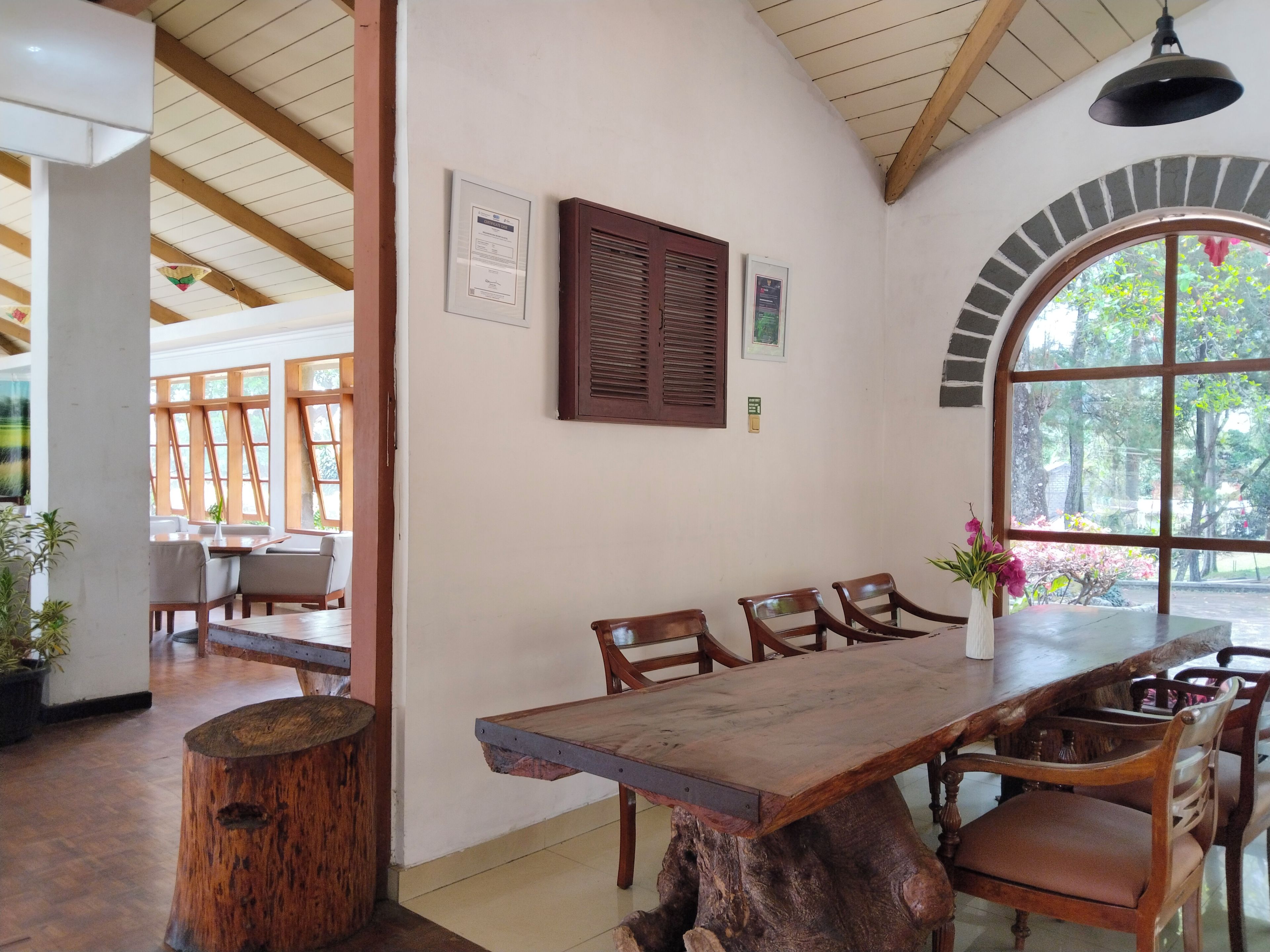 Un comedor con una larga mesa de madera, sillas y un tronco de madera rústico.