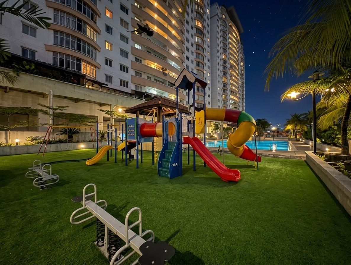 An outdoor playground with slides and exercise equipment, surrounded by a pool and palm trees, with a high-rise building in the background.