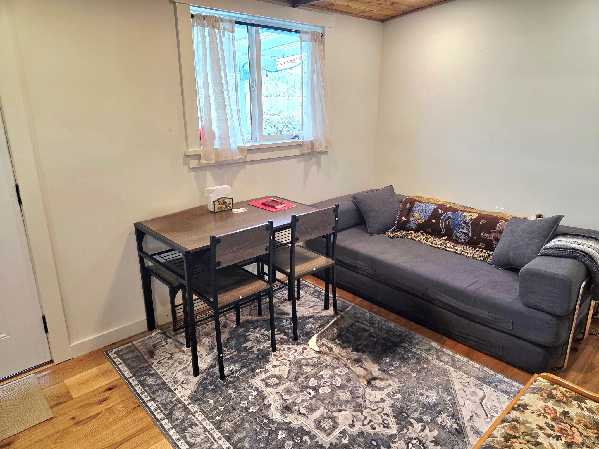 Un espace de vie compact comprenant un canapé, une table à manger avec des chaises et un tapis à motifs.