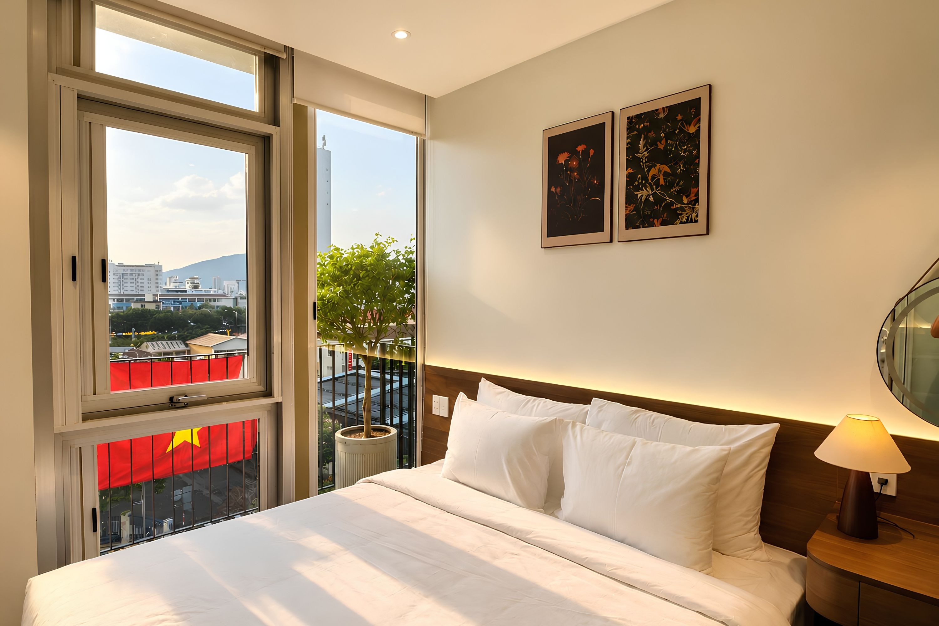 A hotel room with a bed, a nightstand, a lamp, two framed pictures, a window with a view of buildings, and a balcony with a red flag.