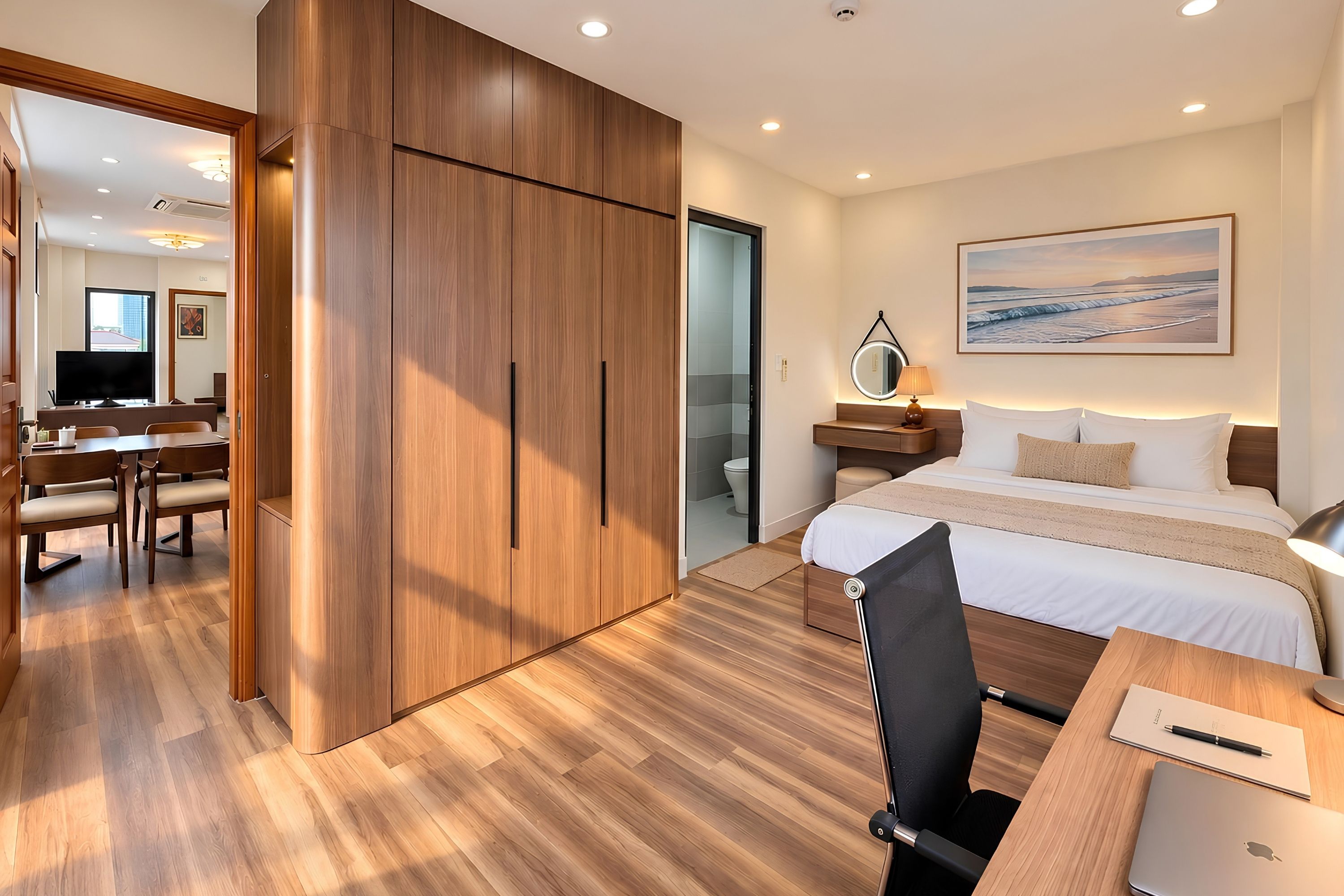 Quarto de hotel moderno com cama, escrivaninha, cadeira e uma grande janela.