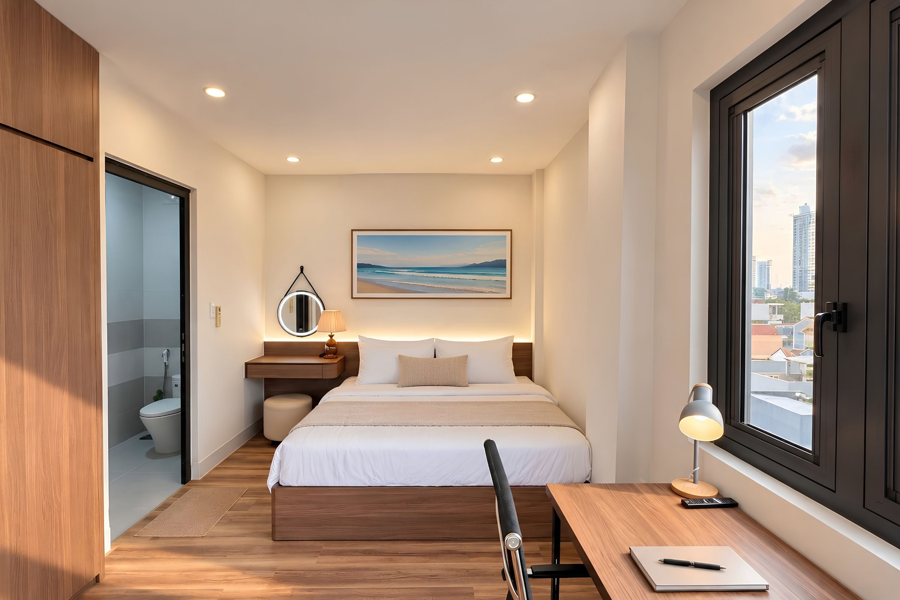 Et moderne hotelværelse med seng, sengebord, lampe og et vindue med udsigt over byen.