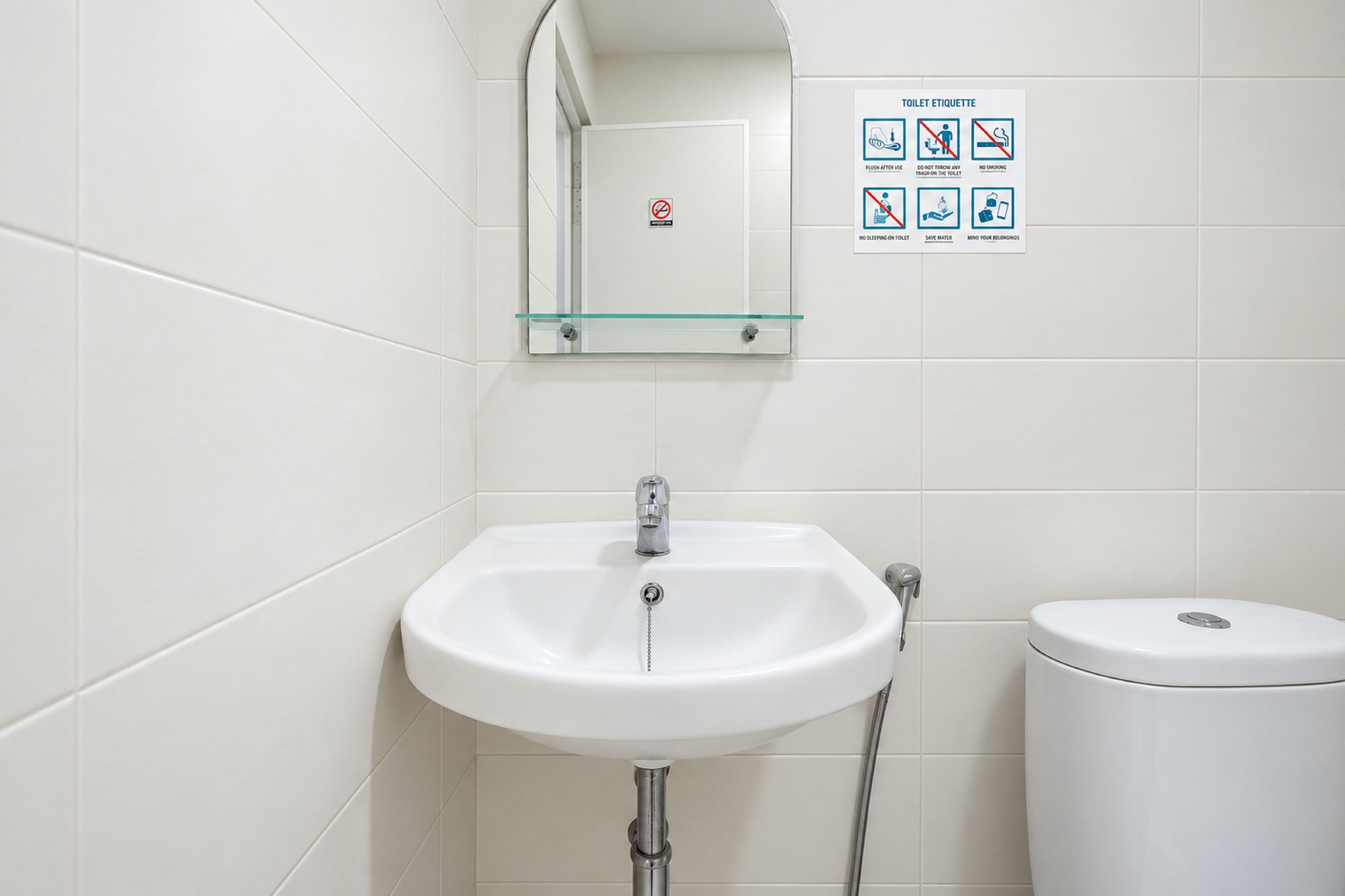 A bathroom with a white sink, a glass shelf above it, and a toilet. There is a sign with toilet etiquette guidelines on the wall.