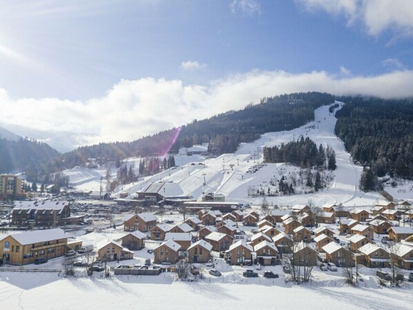 A snow-covered village with wooden houses, a ski slope, and a mountain in the background. - One-bedroom Cabin (Sankt Georgen am Kreischberg)