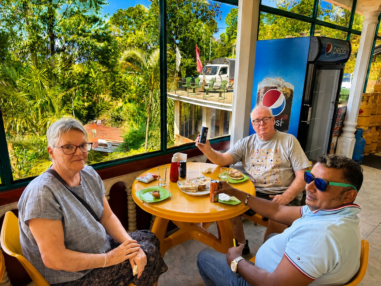 Three people seated at a table with a view of greenery outside.