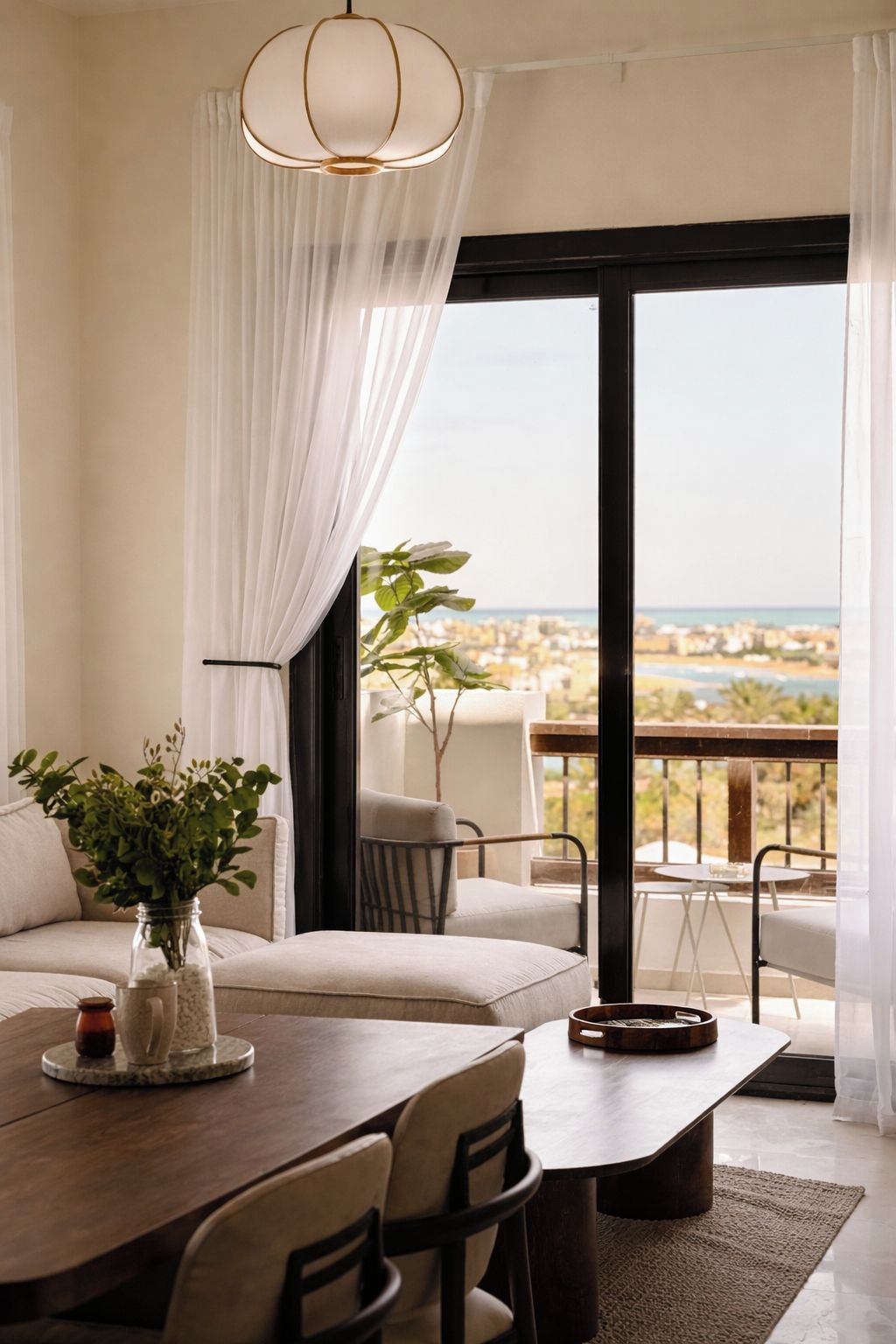 Una sala moderna con comedor, ventanas amplias y vistas a la ciudad.