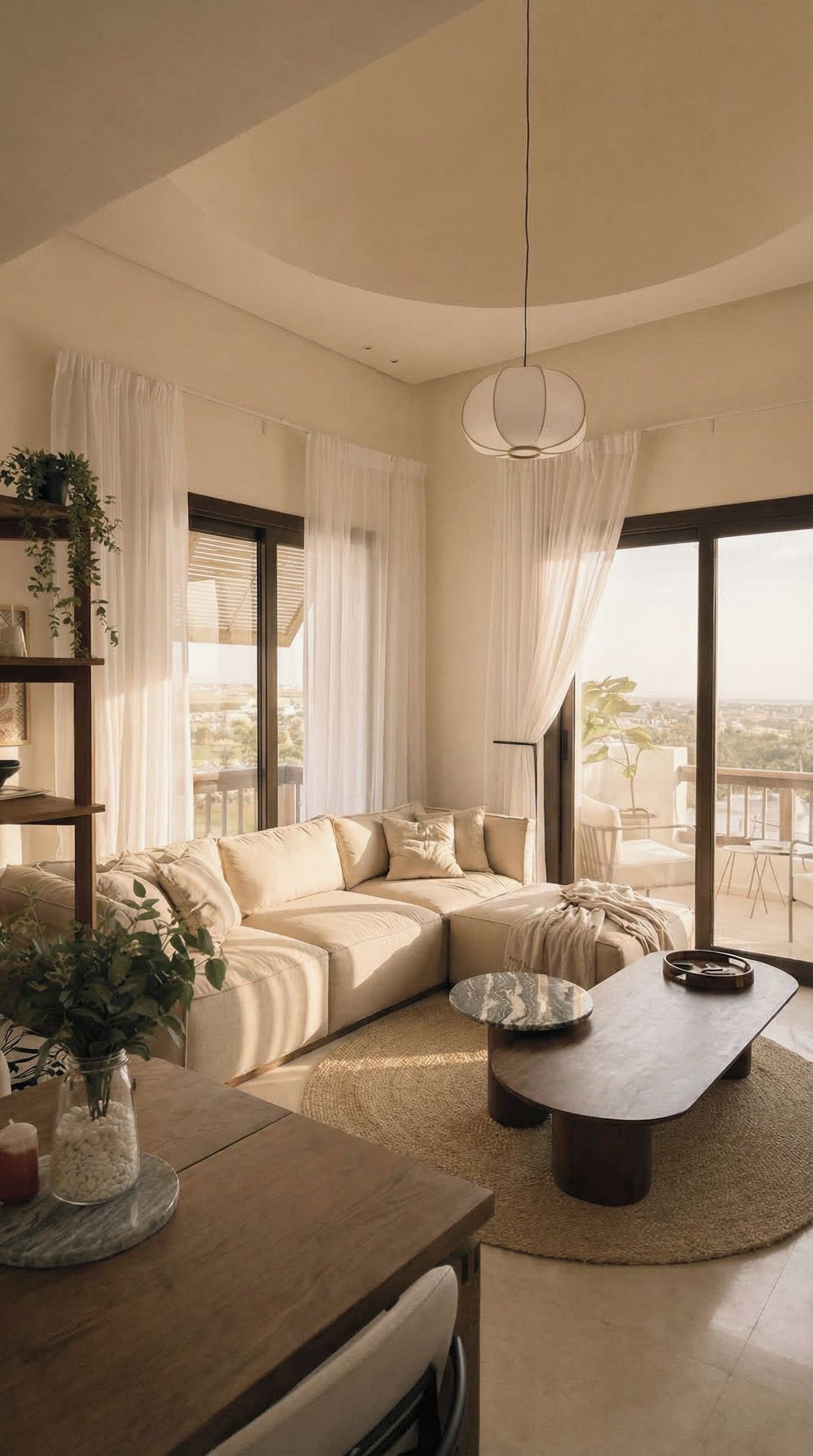 A modern living room with a sectional sofa, a round coffee table, and a view of the city through large windows.