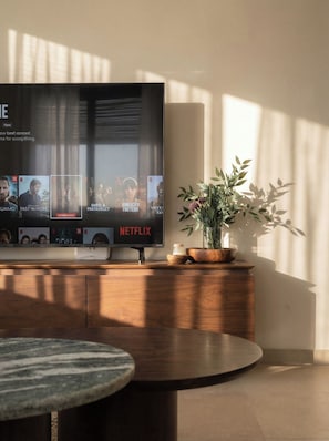 Ein modernes Wohnzimmer mit Fernseher, der Netflix-Inhalte zeigt, einem Holzschrank und einem Blumentopf.