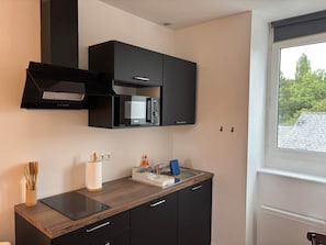Cozinha moderna com micro-ondas, armários e janela com vista para o verde.